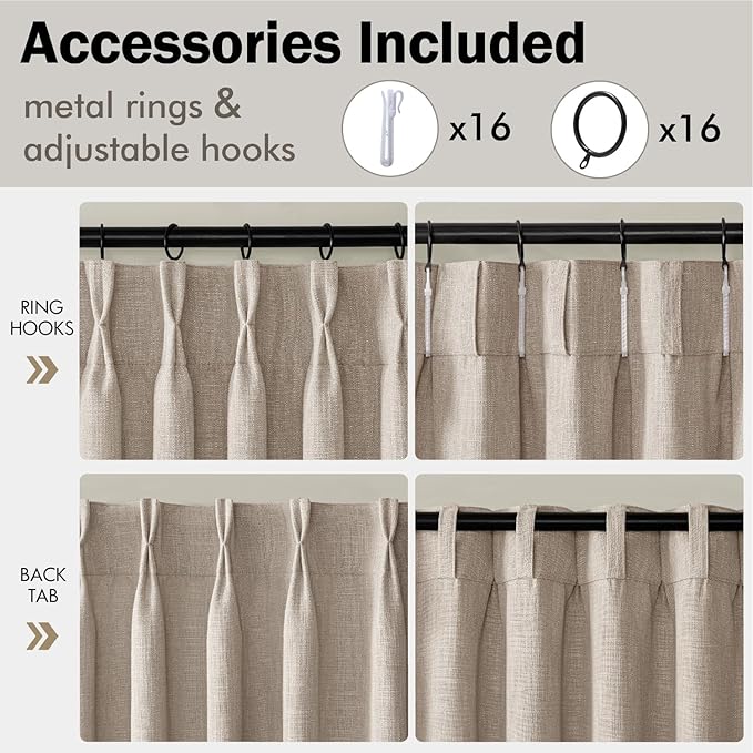 MIULEE Pinch Pleated Linen Curtains 96 Inches Long 2 Panels for Living Room Bedroom, Linen Texture Memory Trained Drapes Pinch Pleat Back Tab Rustic Farmhouse Window Curtains with Hooks&Rings, Taupe