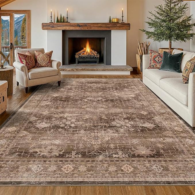 Hazo Haus Gold Brown 8x12 Big Rugs for Living Room - Non Slip Washable Vintage Area Rug for Dining Room Under Table, Geometric Floral & Low Pile Boho Bedroom Decor