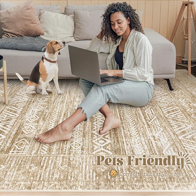 Washable Area Rug 5x7: Moroccan Rug for Living Room Geometric Boho Rug Farmhouse Non Slip Stain Resistant Rugs Low Pile Soft Carpet for Bedroom Dining Room Home Office Kids Room (Light Brown,5'x7')
