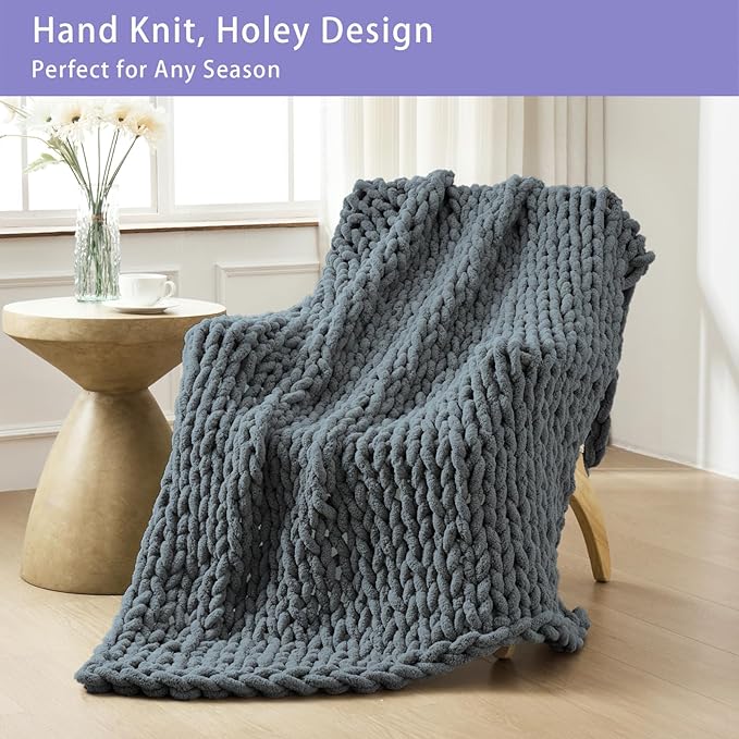 Bigacogo Chunky Knit Throw Blanket for Couch, 40x80 inches, 100% Hand Knitted with Thick Jumbo Chenille Yarn, Cozy Soft Large Rope Knot Cable Crochet Blankets for Sofa Bed Living Room, Iron Gray