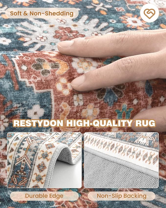 Runner Rug 2x6, Ultra-Thin Entryway Rug Non Slip Washable Rugs for Laundry Room, Runners for Hallways, Vintage Soft Rugs for Living Room, Kitchen, Bedroom(Blue/Red,2'x6')