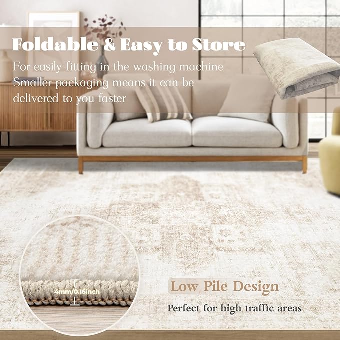 Area Rug 10x12 Washable Rug, Vintage Boho Medallion Rugs Non-Slip Soft Low Pile Large Distressed Rug Indoor Retro Carpet for Living Room Bedroom Dining Room Home Office (Beige, 10'x12')
