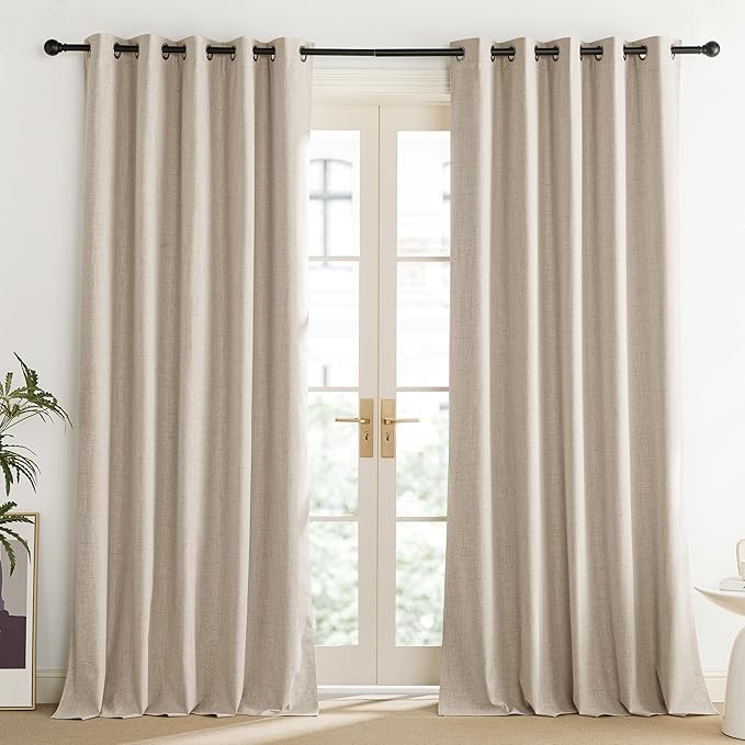 NICETOWN Cream 100% Blackout Linen Curtains 84 inch Long Burg for Living Room, 1 Pair, 62" Width Each Panel, Farmhouse Thick Completely Blackout Window Treatment Thermal Insulated Drapes