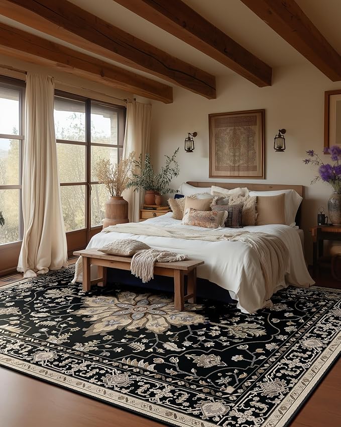 Area Rugs 10'x14' Washable Non-Slip, Floral Vintage Distress Print Pattern Medallion Carpet for Living Room Bedroom Dining Room, Black Brown Neutral Dark Tan
