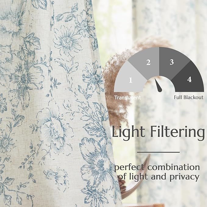 jinchan Linen Floral Curtains 96 Inch Length for Living Room Bedroom Light Filtering Farmhouse Peony Flower Drapes Rustic Window Curtain Set Rod Pocket Back Tab 2 Panels Blue