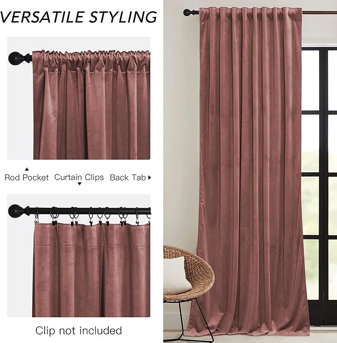 RYB HOME Pink Velvet Curtains 102 inches with Hook Belt, Soft Fabric Room Darkening Thermal Insulated Luxurious Home Decor Curtains for Living Room Bedroom, W 52" x L 102", 2 Panels Set