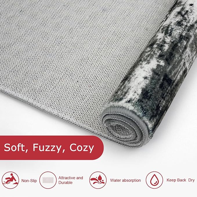 KOZYFLY Modern Abstract Washable Rug Runner 2.6x16 Hallway Rug Runner Non-Slip Soft Kitchen Runner Rugs, Black Grey Striped Carpet for Stair Entryway Bathroom Laundry Room Foyer