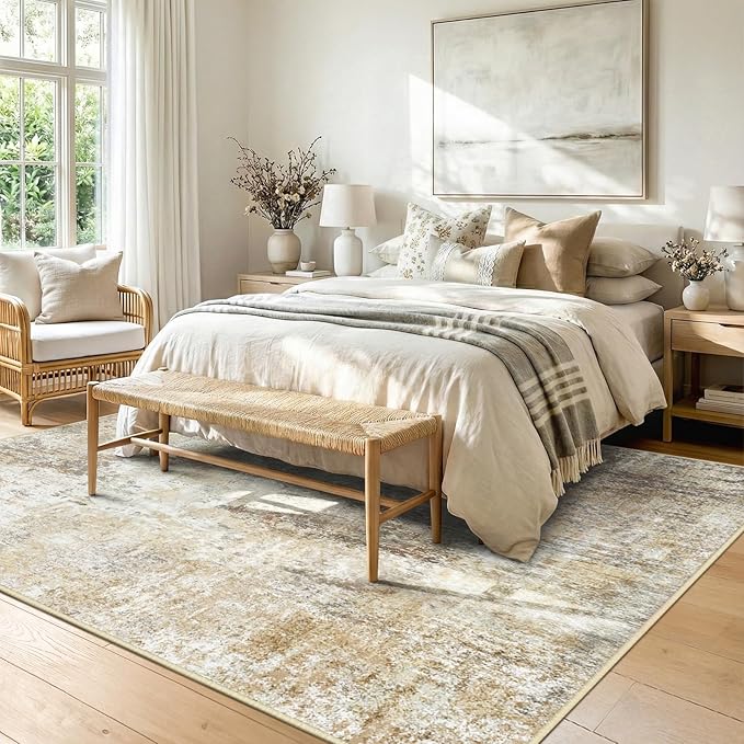 Washable Area Rugs 6'x8' Non-Slip Modern Abstract Soft for Living Room Entryway Bedroom Nursery, Print Pattern, Neutral Brown Gray