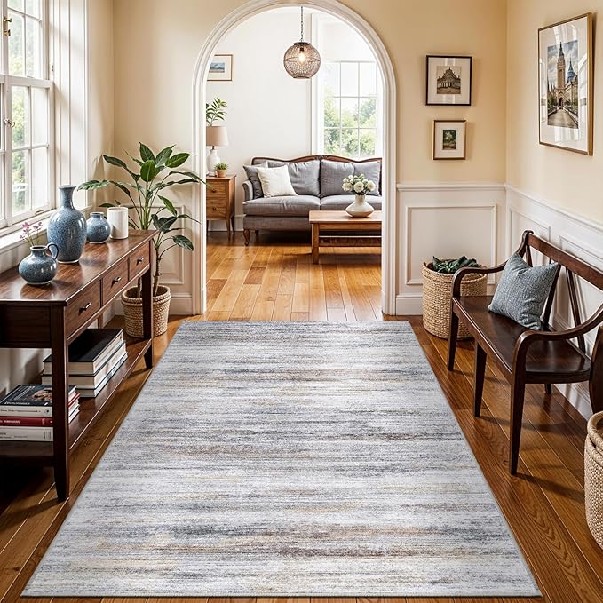 4x5 Area Rugs for Entryway Washable: Easy-to-Clean Rug for Office Kitchen Bedroom Living Room Dining Room - Non Slip Stain and Water Resistant Carpet - Soft Low-Pile Door Mat Beige Grey