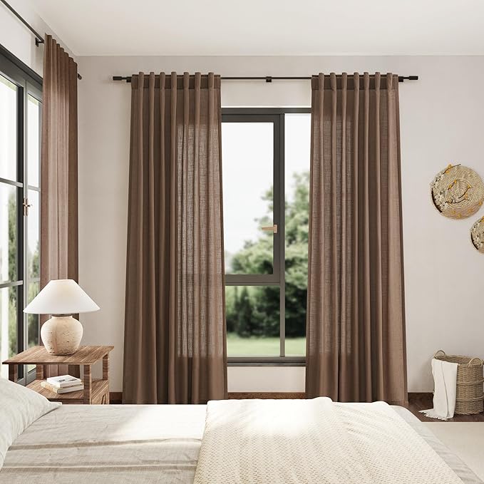 Extra Long Caramel Brown Linen Curtain 108 Inches Long 2 Panels Set Back Tab Linen Drapes for Living Room Modern Farmhouse Light Filtering Semi Sheer Curtains 108 Inch Length for Big Window 52x108