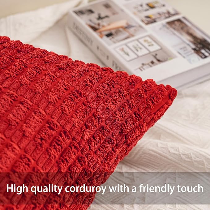 Pack of 2 Christmas Red Corduroy Decorative Throw Pillow Covers 18x18 InchSoft Boho Striped Pillow Covers Modern Farmhouse Home Decor for Sofa Living Room Couch Bed（Red）