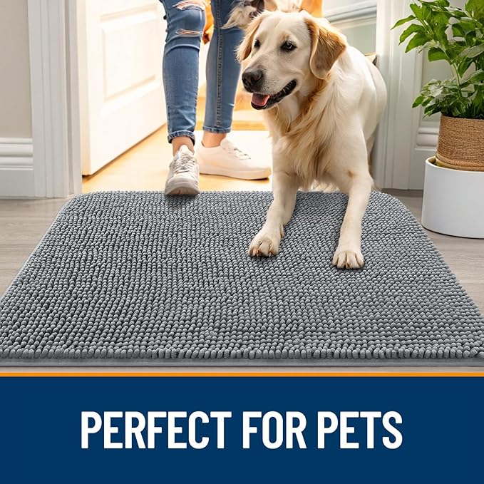 OLANLY Dog Door Mat for Muddy Paws 34x21, Absorbs Moisture and Dirt, Absorbent Non-Slip Washable Doormat, Quick Dry Chenille Mud Mat for Dogs, Entry Indoor Entryway Carpet for Inside Floor, Grey