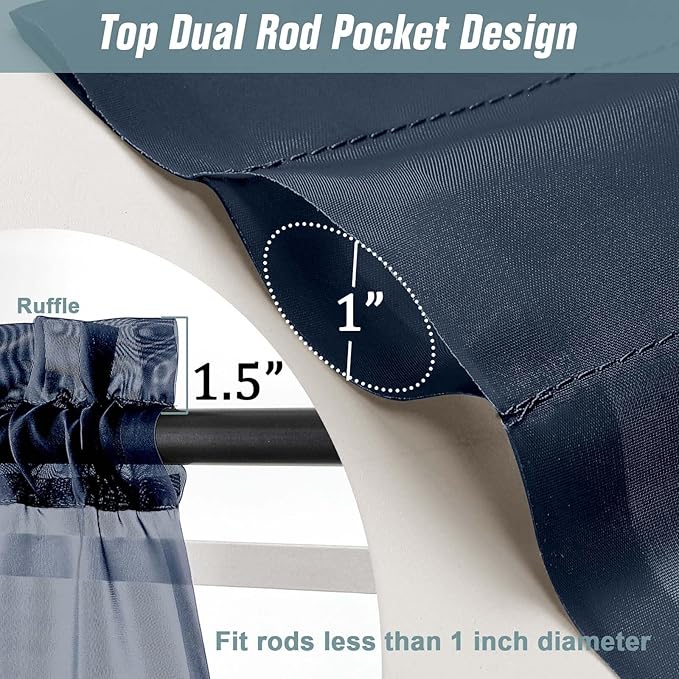 Navy Blue Valances for Windows 14 inch Length 2 Panels, Small Voile Sheer Curtains for Bathroom, Soft Fabric Lightweight Light Filtering Kitchen Curtains, Dual Rod Pocket, 2x42Wx14L Inches
