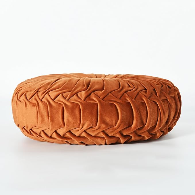 HIG Set of 2 Decorative Round Pleated Throw Pillows, Classy Accent Pumpkin Throw Pillows with Center Button, Vintage Velvet Floor Pillows for Sofa Vanity Chair Bed, Rust, 14.5" Diameter(Ripple)