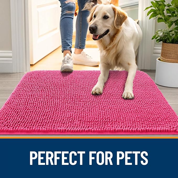 OLANLY Dog Door Mat for Muddy Paws 47x24, Absorbs Moisture and Dirt, Absorbent Non-Slip Washable Doormat, Quick Dry Chenille Mud Mat for Dogs, Entry Indoor Entryway Carpet for Inside Floor, Hot Pink