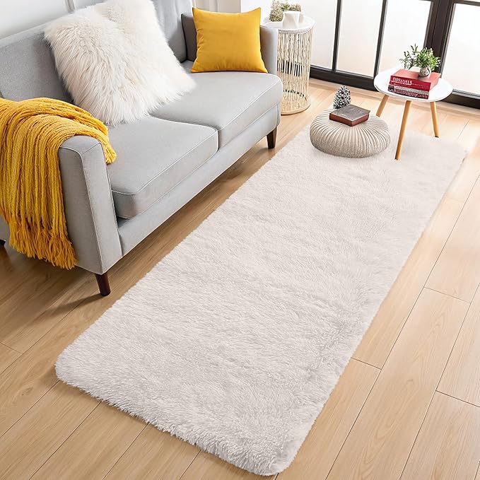 OLANLY 3x9 Machine Washable Runner Rugs for Hallway, Soft Fluffy Shaggy Bedside Rugs for Bedroom, Living Room, Indoor Floor Carpet for Kids Girls and Boys, Nursery Rooms, Home Decor Aesthetic, Ivory