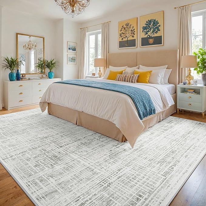 9x12 Area Rugs Washable Rug: Anti-Skid Abstract Modern Living Room Rug Soft Thin Carpets Indoor Floor Non-Shedding Carpet for Bedroom Dining Farmhouse Nursery Home Office (White Gray, 9'x12')