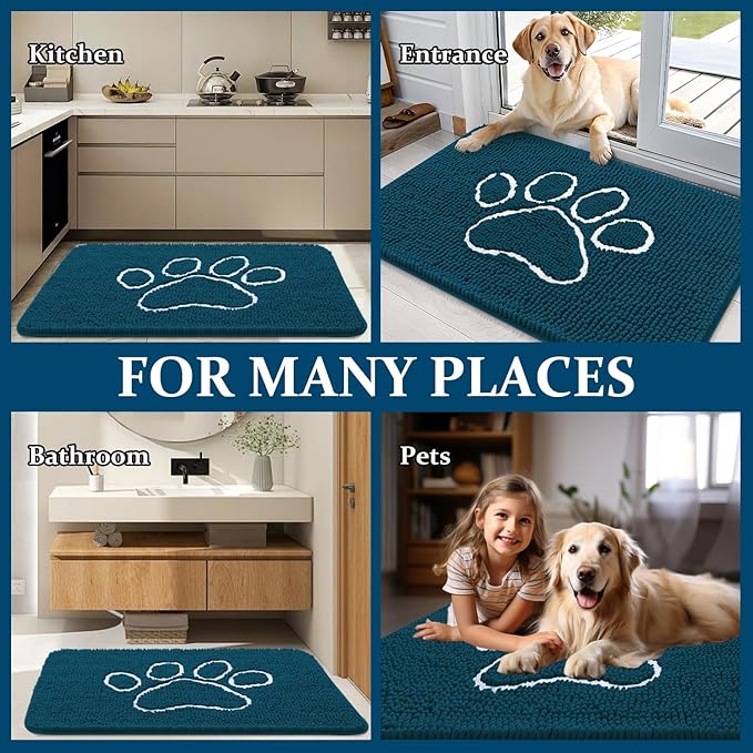 OLANLY Dog Door Mat for Muddy Paws 70x46, Paw Print Design, Absorbs Moisture and Dirt, Absorbent Non-Slip Washable Doormat, Quick Dry Chenille Mud Mat, Entry Indoor Entryway Carpet, Atlantic Blue