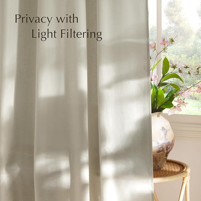 NICETOWN Bone White Linen Curtains for Kitchen, Thick Flax Small Window Treatments Semi Sheer Privacy Assured with Light Through for Cafe/Bathroom, W55 x L84, 2 Panels