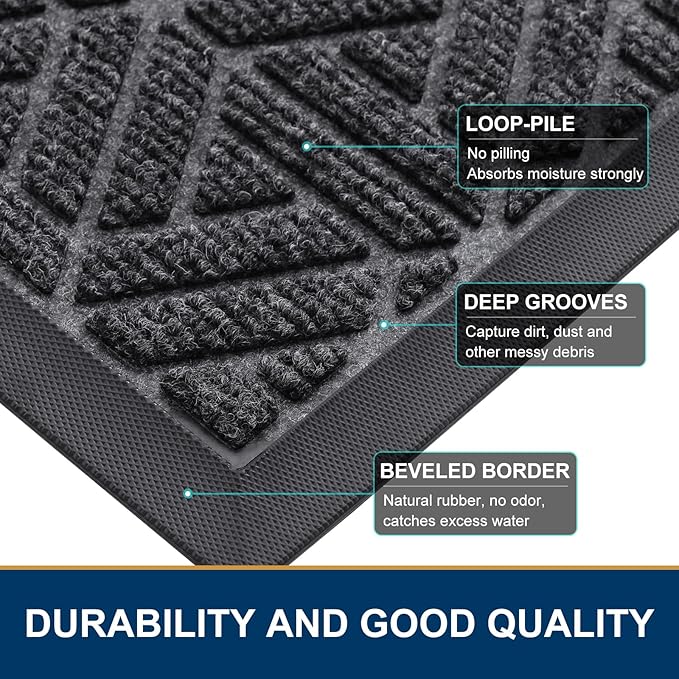 Smiry Front Door Mat Outside Entrance, Heavy Duty Sturdy Natural Rubber Doormat, Trap Dirt and Moisture, Easy Clean Low Profile Mats for Indoor Outdoor Entry, Grid Geometric (29.5x17, Grey)