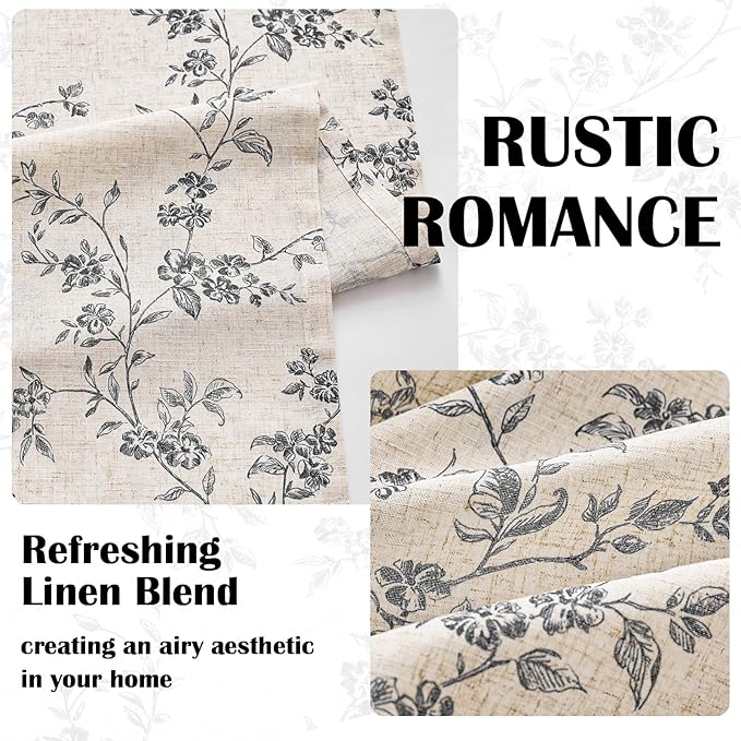 Lazzzy Black Floral Linen Curtains 96 Inch Farmhouse Back Tab Drapes for Living Room Bedroom Light Filtering Vintage Grandmillennial Rod Pocket Curtains, 2 Panels, W38 x L96, Black on Beige