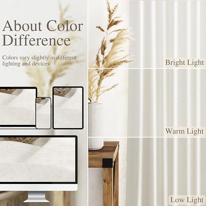 Beige White Linen Curtains 80 Inch Long for Bedroom Back Tab, Filters Light Privacy Transparent Curtains Modern Farmhouse Coastal Decor for Sliding Glass Doors 2 Panels 52x80