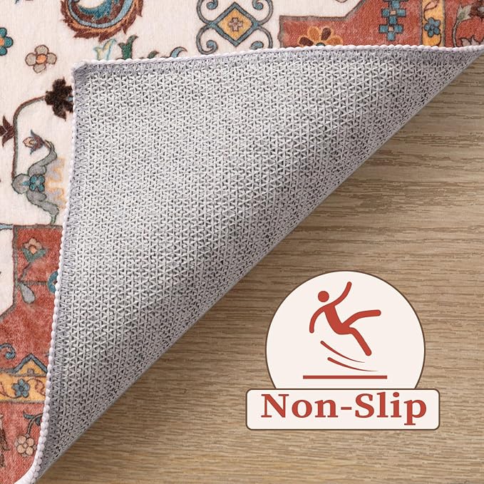 SERISSA Area Rug 4x6 Boho Rugs for Bedroom, Vintage Orange Washable Non Slip Rug, Ultra Soft Print Distressed Low-Pile Throw Rug Carpet for Nursery Dorm Kitchen Living Room Decor