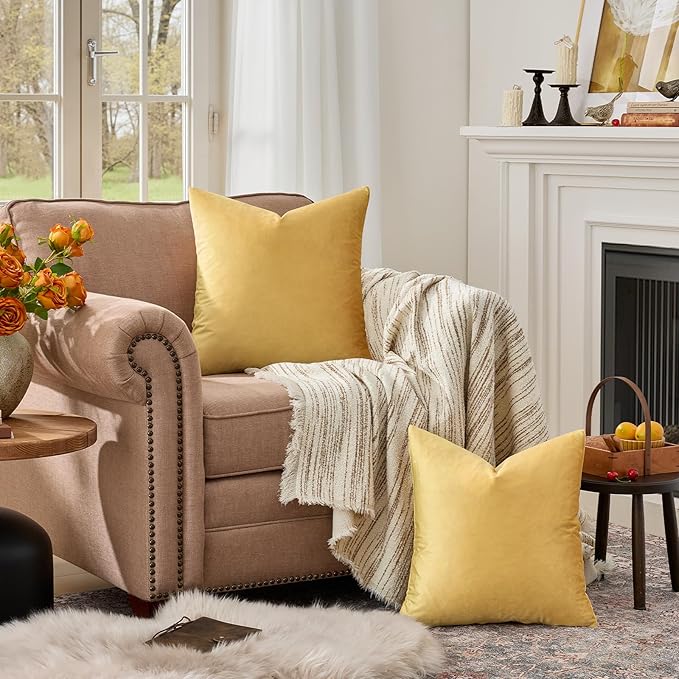 GIGIZAZA Yellow Velvet Decorative Throw Pillow Covers 20x20 inch for Sofa Bed 2 Pack Soft Cushion Cover