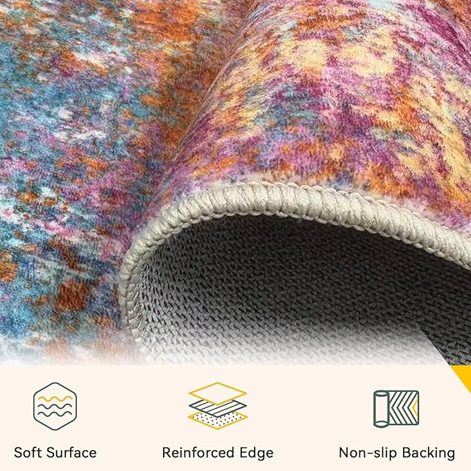 Washable Area Rugs 4'x6' Non-Slip Modern Abstract Soft for Living Room Entryway Bedroom Nursery, Print Pattern, Orange Blue Pink Yellow Colorful