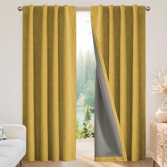 Joydeco Blackout Curtains for Bedroom - 100% Light Blocking 2 Panels Set Yellow Drapes 42" W x 63" L, Thermal Insulated Room Darkening Curtains, Linen Textured for Living Room, Rod Pocket & Back Tabs