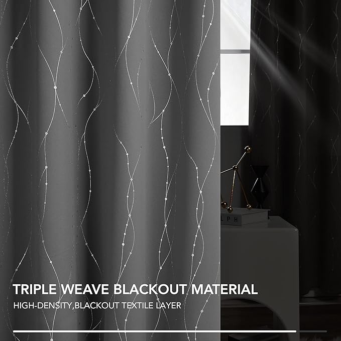 Deconovo Grey Blackout Curtains, Room Darkening Thermal Insulated Noise Reducing Drapes, Wave Dots Silver Print, 52 x 63 Inch, Grommet Window Panels for Living Room Bedroom Kids Room, Set of 2