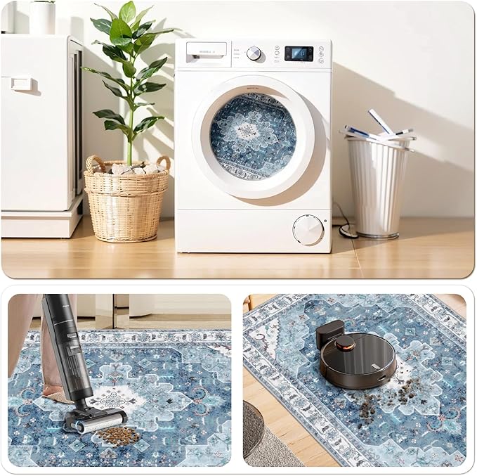 SERISSA Area Rug 4x6 Boho Rugs for Bedroom, Vintage Blue Washable Non Slip Rugs, Ultra Soft Print Distressed Low-Pile Throw Rug Carpet for Nursery Dorm Kitchen Living Room Decor