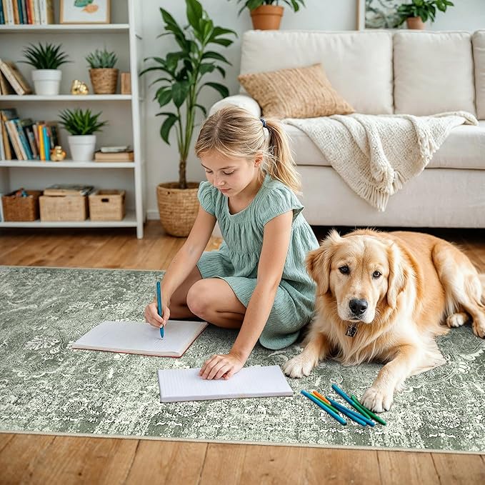 2'6"x14' Washable Hallway Runner Rug - Non Slip Kitchen Runner Rugs with Rubber Backing Vintage Low-Pile Carpet Runners for Entryway Dining Room Laundry Room Home Decor (Muted Sage Green)