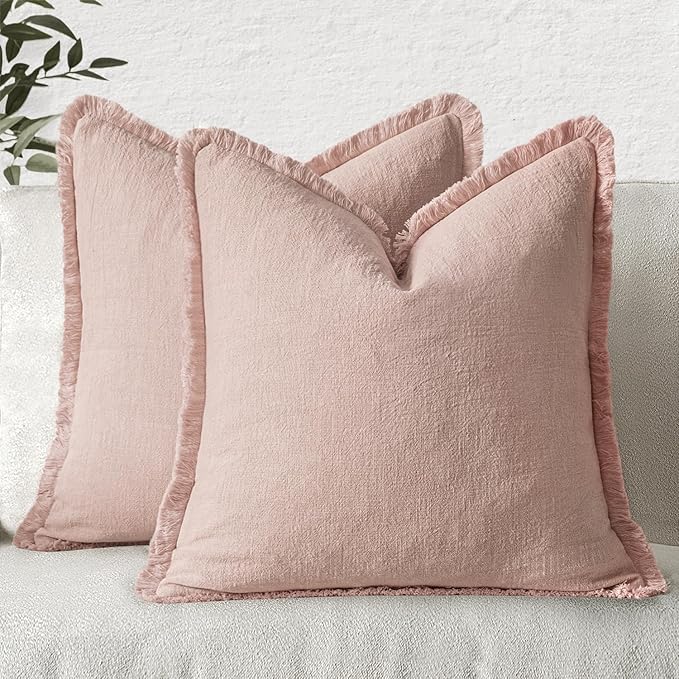 MIULEE Valentines Decorative Throw Pillow Covers Neutral Linen Fringe Throw Pillows Set of 2 Light Pink Boho Farmhouse Cushion Covers for Couch Sofa Bed Living Room Spring Home Decor 18x18 Inch