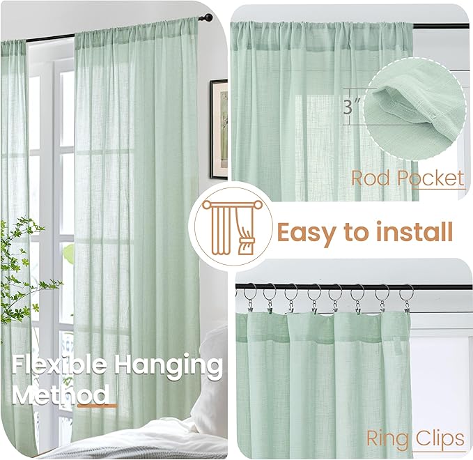 BGment Light Green Linen Curtains 45 Inch Length - Small Window Drapes Lightweight with Rod Pocket for Bathroom Kitchen Window Spring Decor, 2 Panels Set, 30 X 45 Inch
