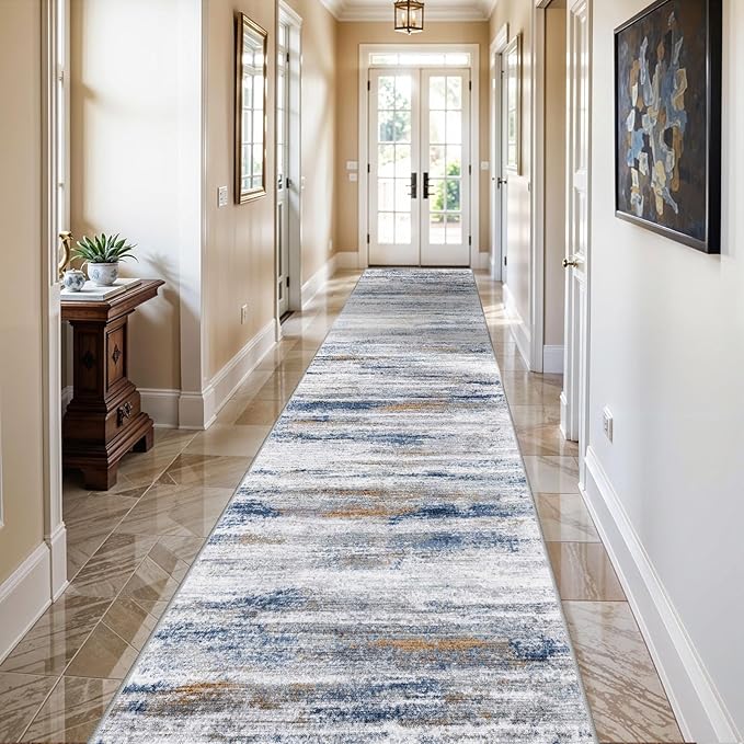2'6''x10' Washable Runner Rugs for Hallway: Easy-to-Clean Abstract Runners for Entryway Bedroom - Stain and Water Resistant Rugs with Non-Slip Backing - Soft Low-Pile Carpet Navy Grey