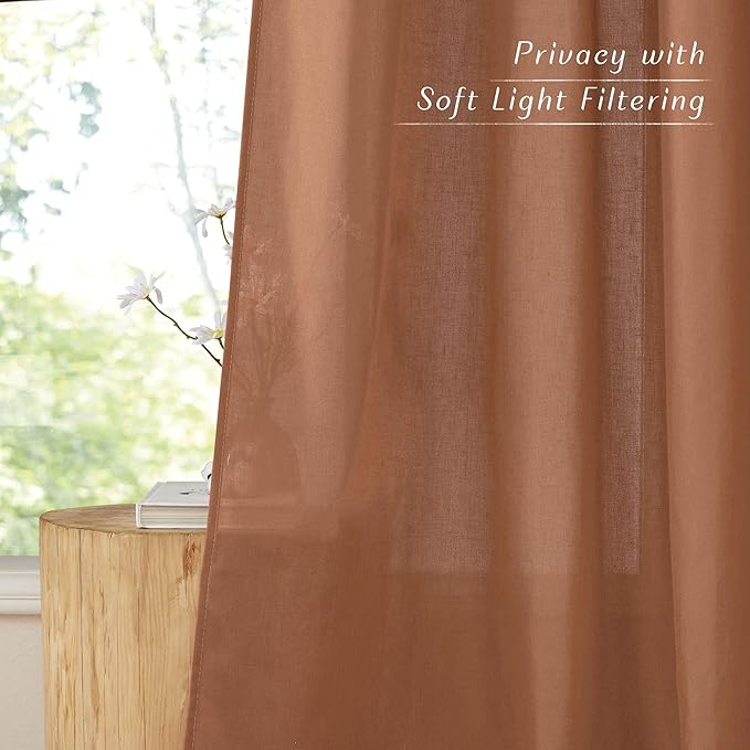NICETOWN Caramel Linen Curtains for Kitchen, Thick Flax Small Window Treatments Semi Sheer Privacy Assured with Light Through for Cafe/Bathroom, W55 x L94, 2 Panels