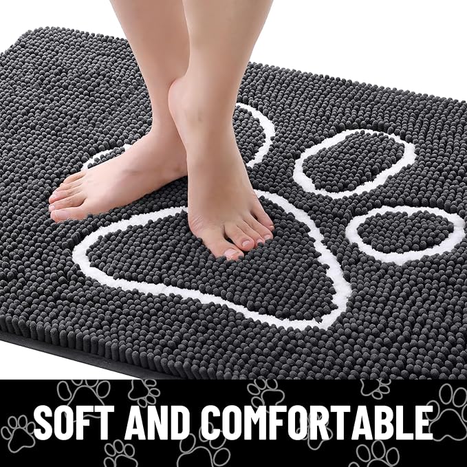 Smiry Dog Door Mat for Muddy Paws, Absorbent Dirt Trapper Non Slip Quick Dry Washable Chenille Mat for Mud Dogs, Entry Rug for Indoor and Outdoor (44x32 Inches, Dark Grey and White)