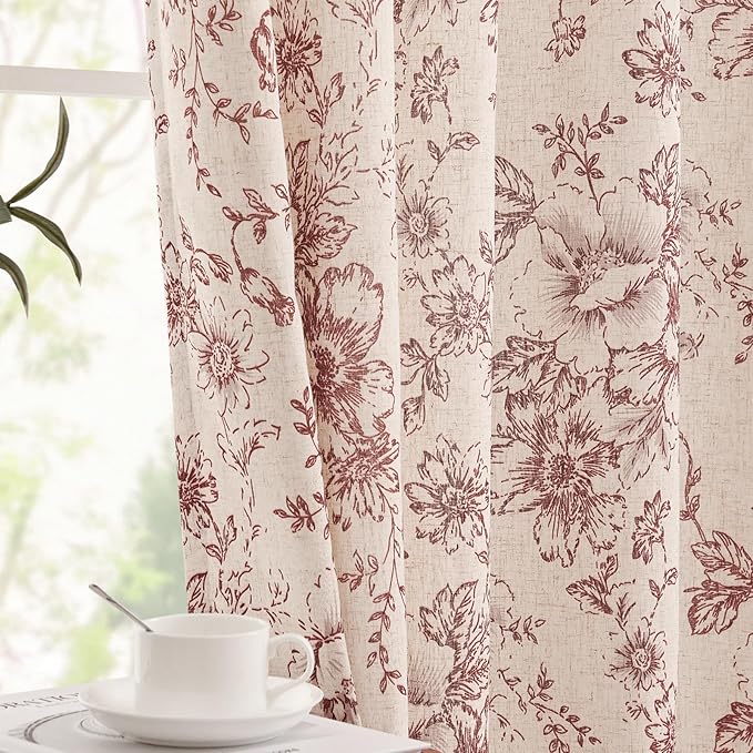 jinchan Lined Linen Blend Curtain Floral Curtains for Living Room 84 Inches Long Farmhouse Red Flower Printed Curtain Rod Pocket Back Tab Peony Patterned Drapes Curtains Set 2 Panels