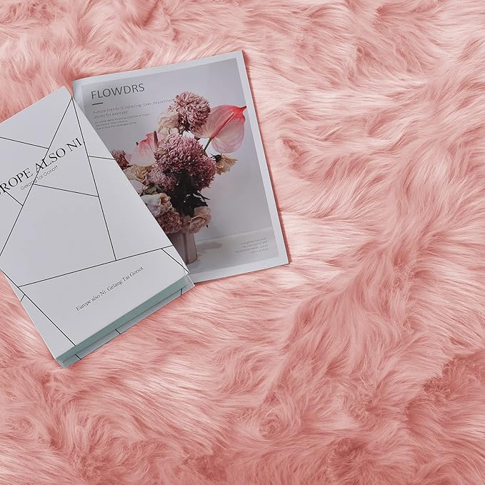 Goolela Pink Area Rug 5x8 Fluffy Fuzzy Furry Carpet for Girls Bedroom Living Room Faux Sheepskin Fur Shaggy Plush Rectangle