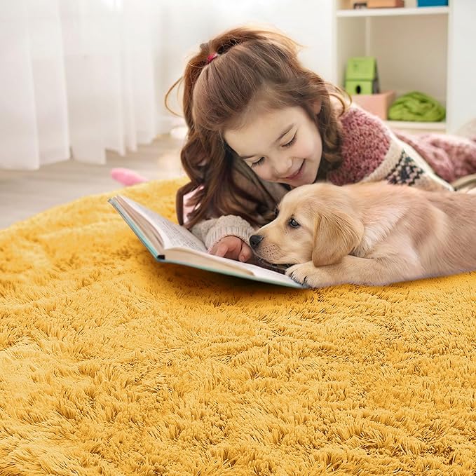 OLANLY Mustard Yellow Round Rugs for Bedroom - Machine Washable, 7 ft Circle Area Rugs for Living Room, Soft and Fluffy Shaggy Carpet for Teen Girl and Boys, Nursery Rooms, Dorms, Home Decor Aesthetic