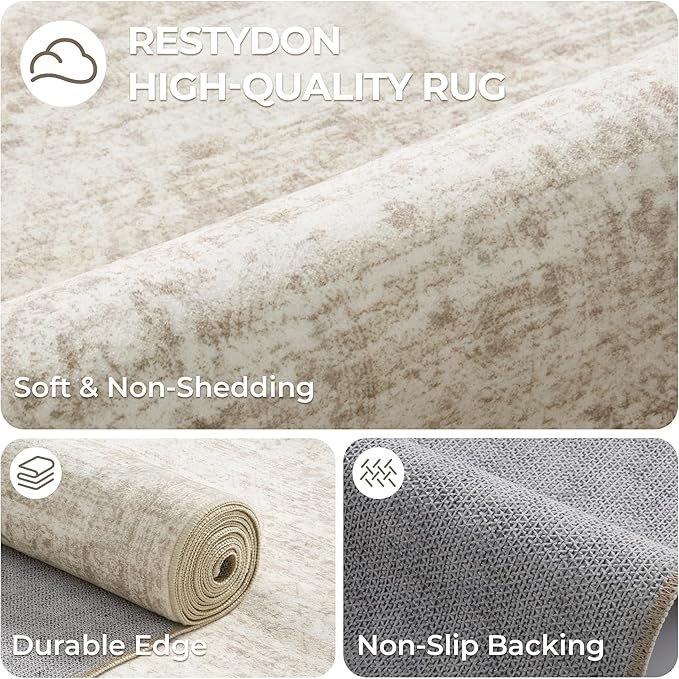 6x9 Rug for Living Room,Soft Low Pile Indoor Washable Rugs for Bedroom, Non-Slip Backing Vintage Large Area Rug, Printed Abstract Carpet(6'x9', Beige/Ivory)