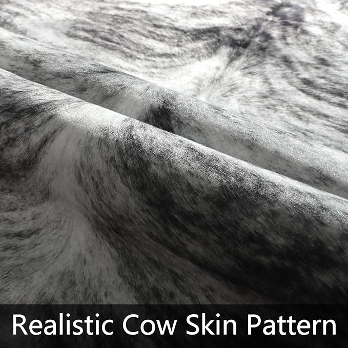 AROGAN Western Decor Faux Fur Cowhide Rug, 4 x 3 Feet Premium Animal Skin Cow Hide Rug, Sturdy Cow Print Rugs for Wall Decor, Western Floor Carpet for Bedroom Living Room, Black and Grey