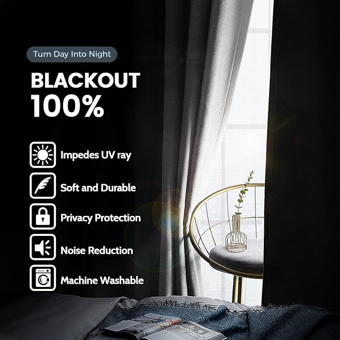 SimpleHome 100% Blackout Curtains for Bedroom,Thermal Insulated Grommet Window Drapes Room Darkening White Curtains for Living Room with Black Back,42 x 84 Inch,2 Panels