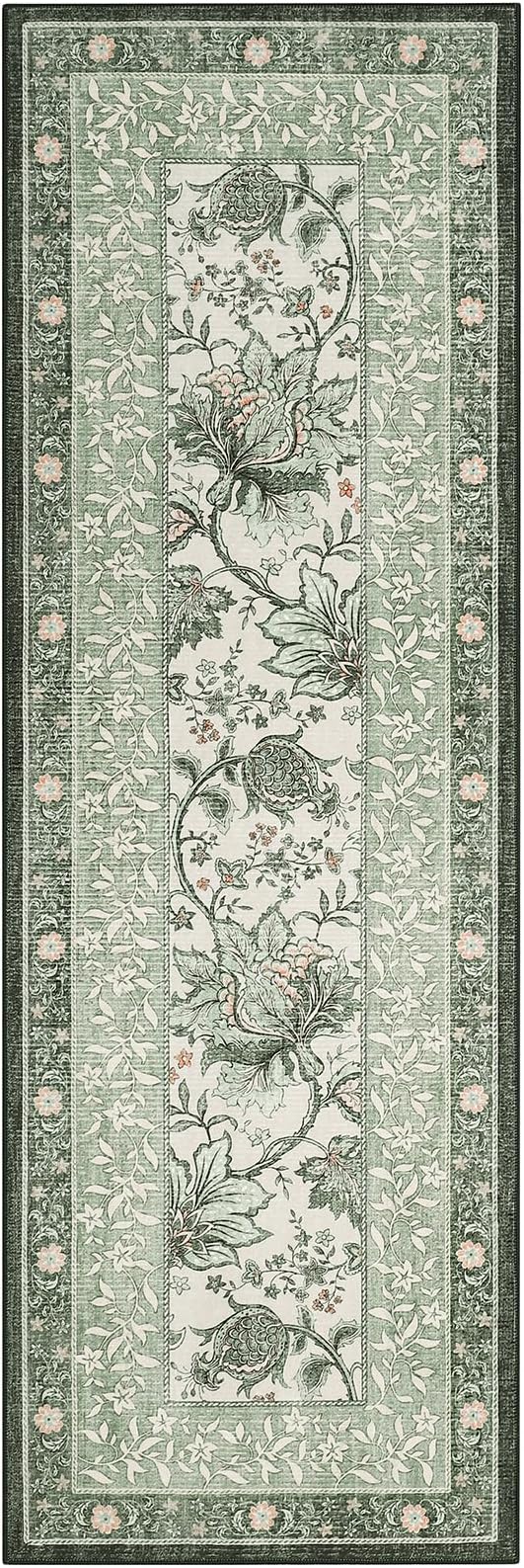 GarveeHome Sage Green 2.5 x 8 Washable Kitchen Runner Rugs Non Slip Provence Vintage Boho Cottage Long Rug for Hallways Bedroom Entryway Bathroom Mat with Rubber Back
