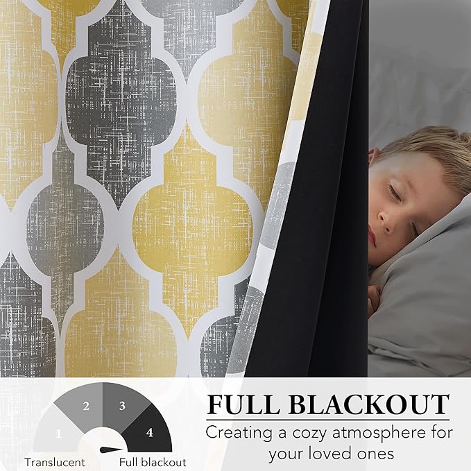 Beauoop 100% Blackout Curtains 54 Inches Long 2 Panels for Bedroom Living Room Yellow Grey Moroccan Geo Room Darkening Thermal Insulated Soundproof Grommet Top Window Treatments Drapes, 50x54 Set of 2