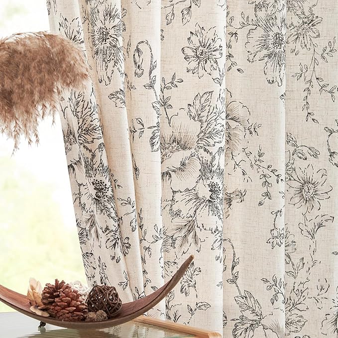 jinchan Floral Curtains for Living Room 84 Inch Length Farmhouse Printed Curtain Rod Pocket Back Tab Black Peony Flower Patterned Drapes Bedroom Window Curtains Set 2 Panels 25% Linen 75% Polyester