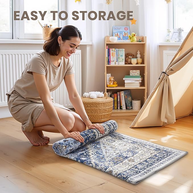 zesthome Washable Runner Rug 2.5x14 - Stain Resistant Entryway Rug,Ultra-Thin Kitchen Rugs, Anti Slip Backing Runner Rugs for Entrance Laundry Room Indoor Hallway (Blue/Beige,2.5'x14')
