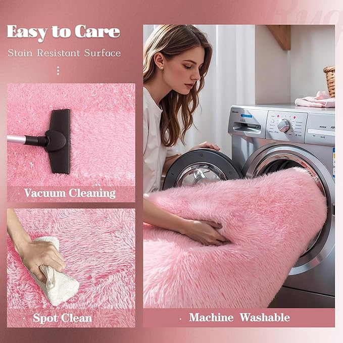 Pink Round Rugs for Bedroom: 4ft Circle Fluffy Shag Soft Washable Rug Small Fuzzy Plush Indoor Carpet for Kids Girls Boys Nursery Dorm Classroom (Pink, 4'x4')