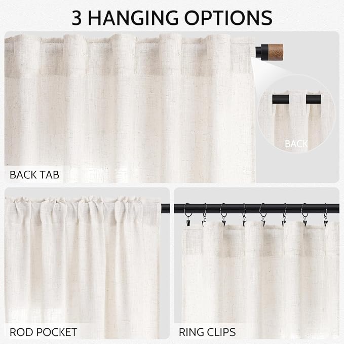 Ivory White Linen 112 Inch Curtains for Living Room Light Filtering Semi Sheer Curtain Back Tab Rustic Neutral Modern Farmhouse Decor Drapes Floor to Ceiling High Window for Bedroom 52x112, 2 Panels
